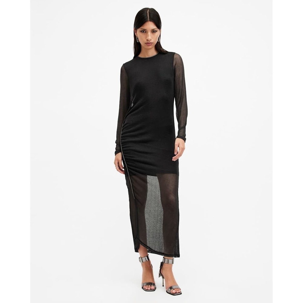 NWT All Saints Nora Ruched Sparkle Midi Dress Sz 8 Formal Feminine $269 **Flaw